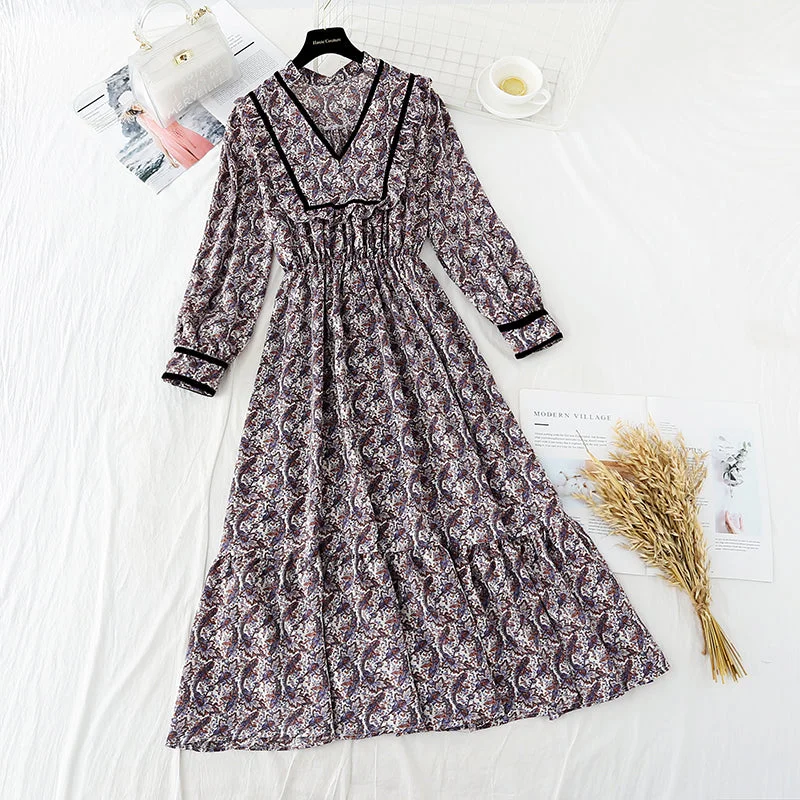 Stylish Everyday Clothing Narrow waist floral skirt children's French Long Sleeve Chiffon Dress  3902