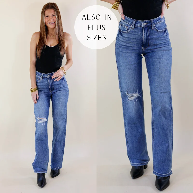 Women's Office Outfit Last Chance Size 0, 1, 15, 14W, 20W & 22W | Judy Blue | Festival Feels Tummy Control 90's Straight Leg Jeans in Medium Wash