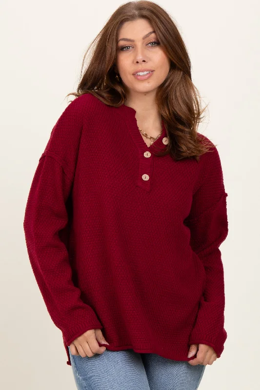 Modern Women's Wardrobe Essentials Burgundy Diamond Knit Button Detail Sweater