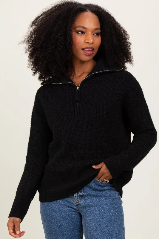 Women Clothes Black Half Zip Pullover Sweater