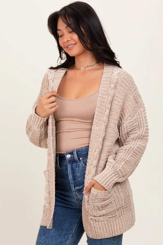 Versatile Women's Fashion Beige Two Toned Oversized Cable Knit Cardigan