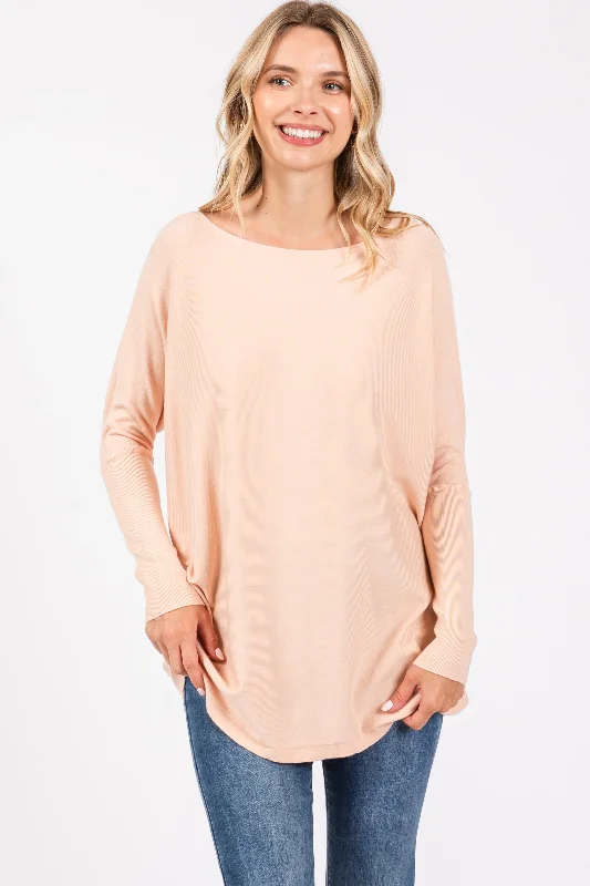 Chic Women's Attire Peach Soft Knit Boatneck Dolman Sleeve Sweater