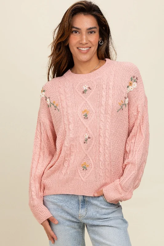 Affordable Women's Fashion Mauve Embroidered Flower Cable Knit Sweater