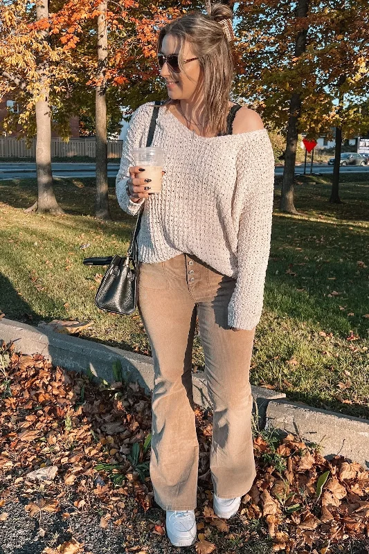 Online Boutiques Ivory V-Neck Side Slit Thick Knit Sweater