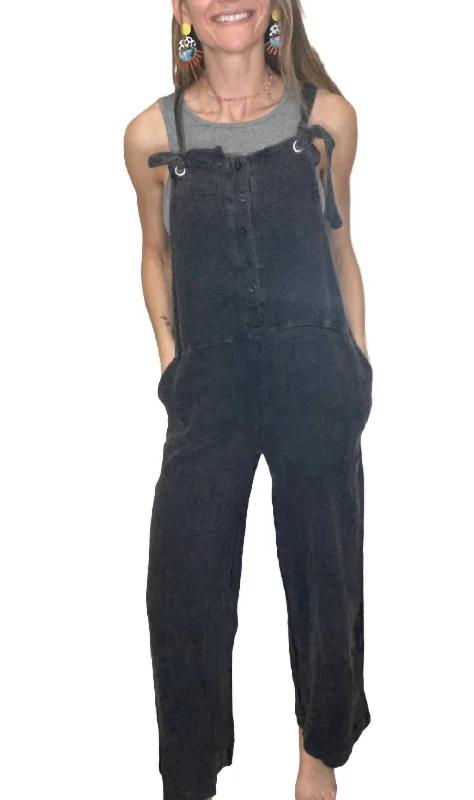 Flash Discount Washed Henley Overalls In Black