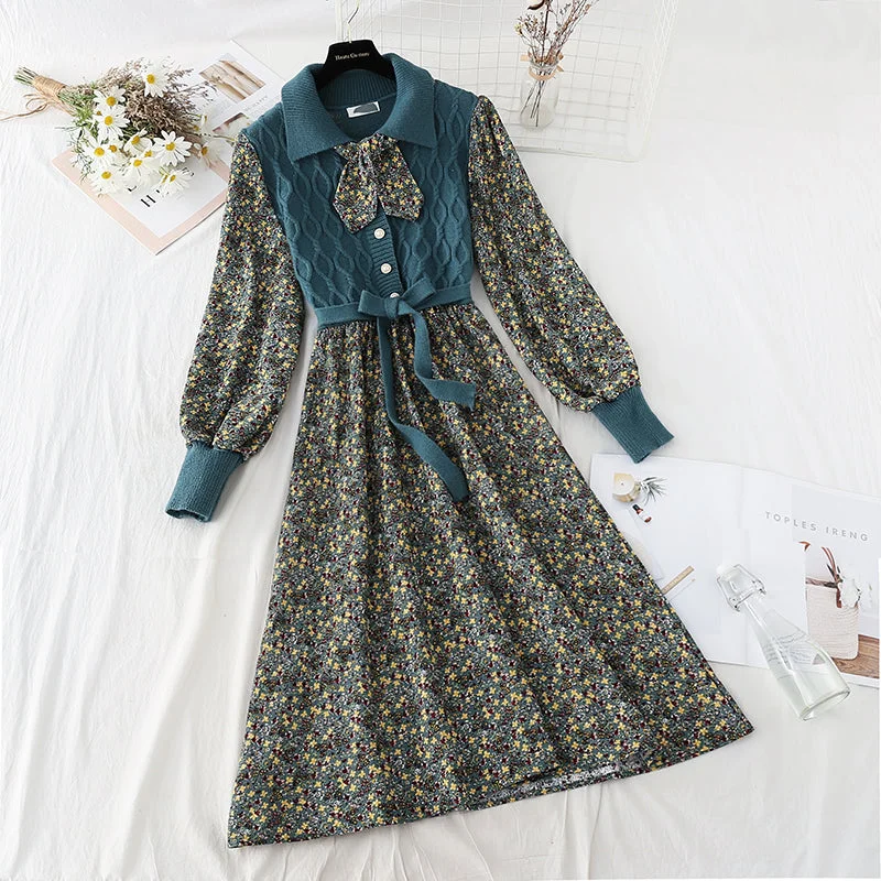 Women Wear Brands Patchwork lace up floral skirt slim elastic waist Corduroy Skirt  4086