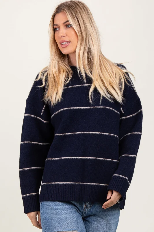 Women's High-End Clothing Navy Striped Drop Shoulder Sweater