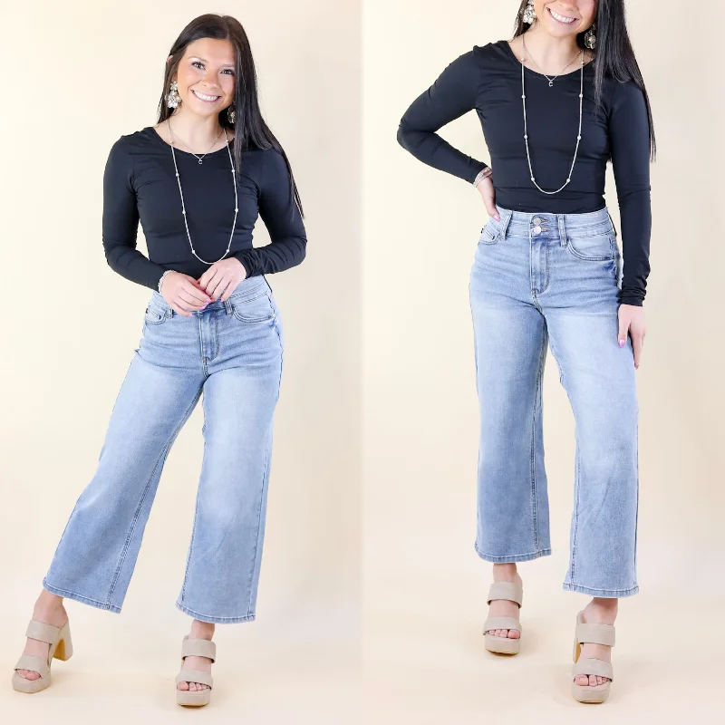 Online Boutique Stores Judy Blue | Fashion Forward Double Waistband Wide Leg Cropped Jeans in Medium Wash