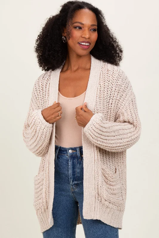 Best Clearance Sales Right Now Beige Chunky Knit Oversized Pocket Cardigan