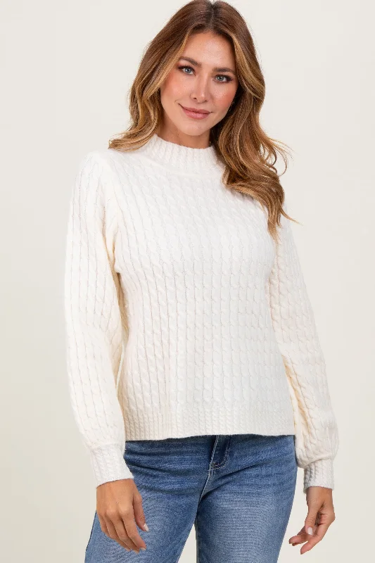 Flash Discount Cream Cable Knit Mock Neck Bubble Sleeve Sweater