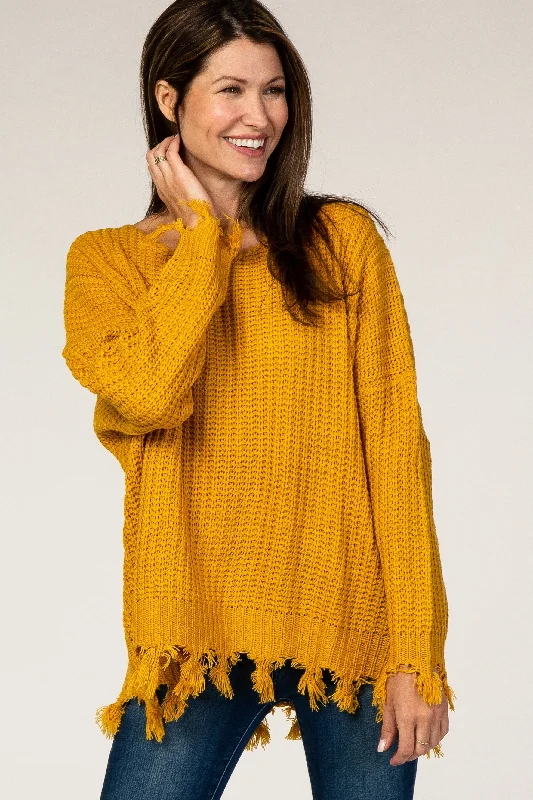 High Street Women's Fashion for Trendy Shoppers Yellow Distressed Fringe Sweater