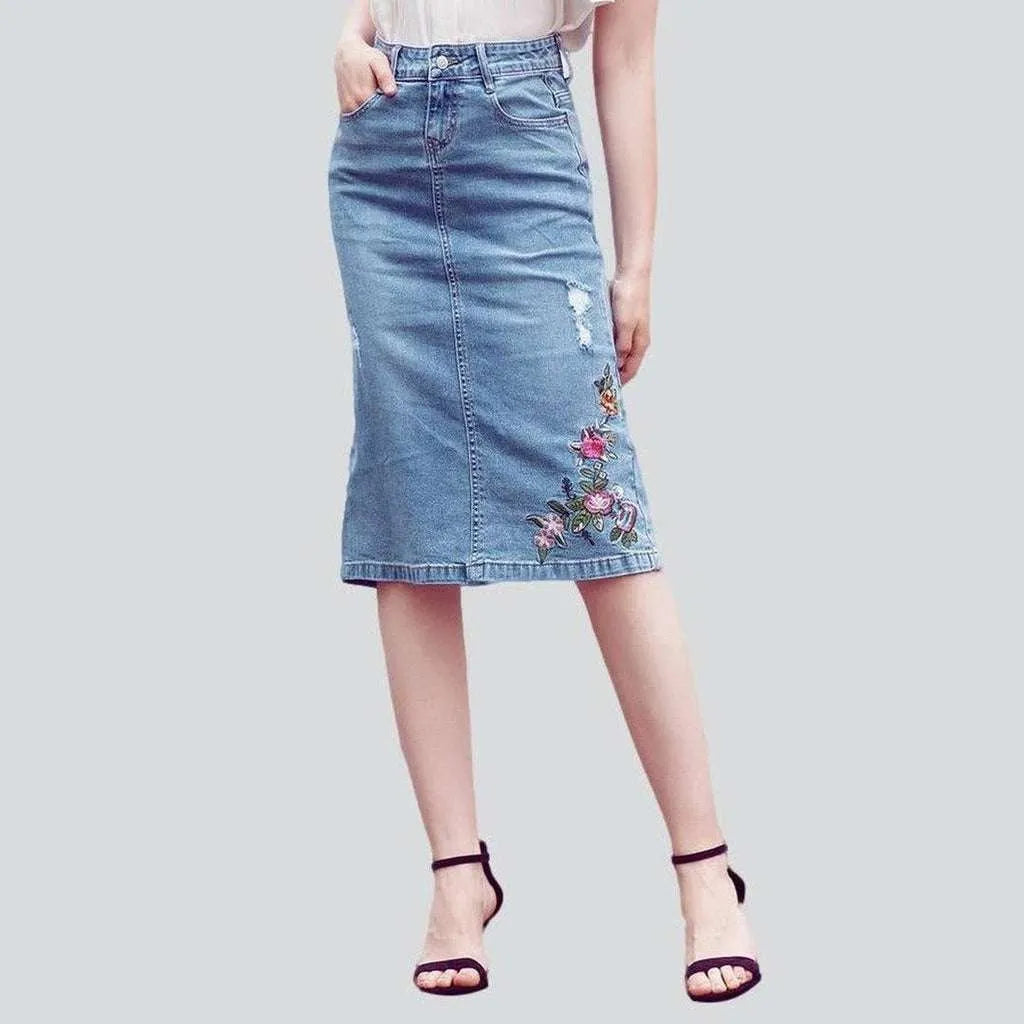 Discount Price Embroidered ripped midi denim skirt