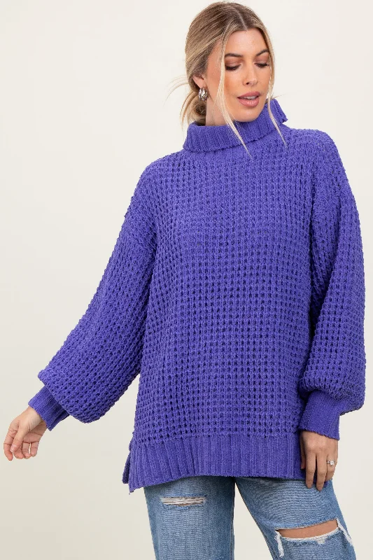 Women's Active Clothing Periwinkle Chunky Waffle Knit Turtleneck Sweater