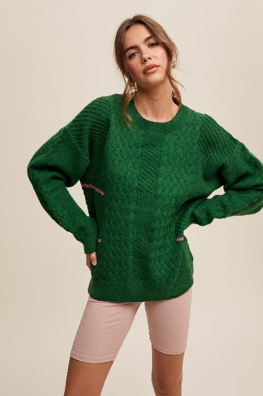 Workwear Fashion for Women Green Striped Mixed Cable Knit Sweater