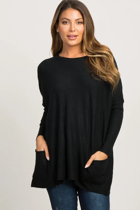 Sophisticated Women's Fashion Black Pocketed Dolman Sleeve Top