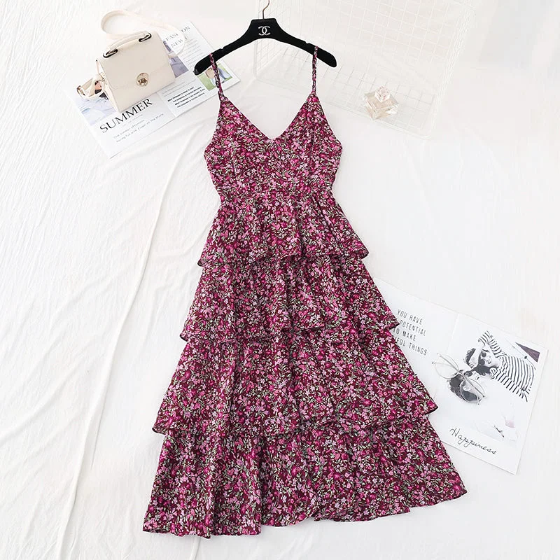 Weekend Sale Floral suspender dress with a slim waist  4112