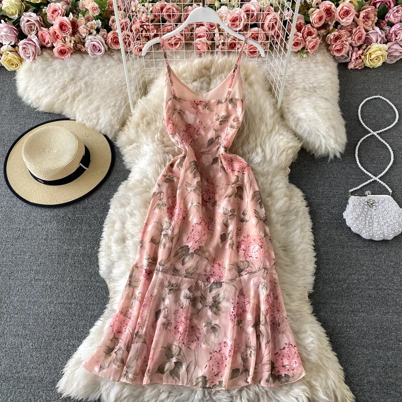 Timeless Women's Outfit Split Pink Floral Chiffon Dress with irregular ruffles  3426