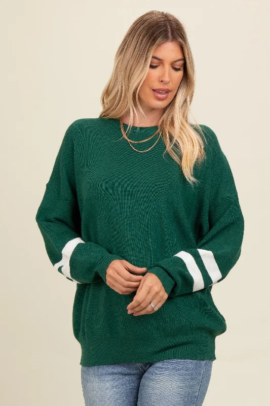 Elegant Women's Attire Forest Green Striped Sleeve Relaxed Fit Sweater