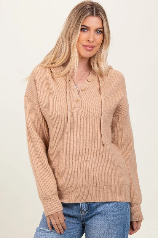 Charming Everyday Clothing For Women Beige Ribbed Knit Button Front Hooded Sweater