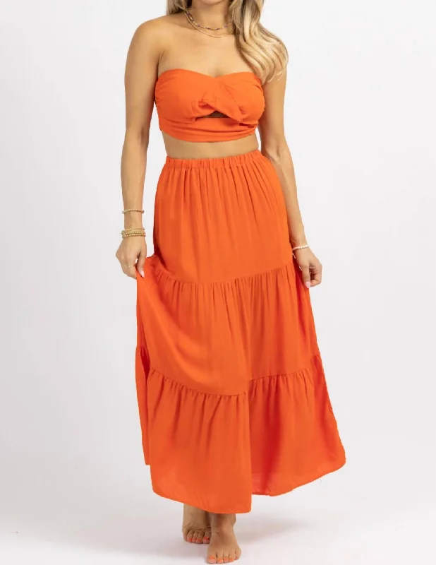 Winter Wardrobe Clearance Twist Tube Top + Aline Skirt Set In Orange