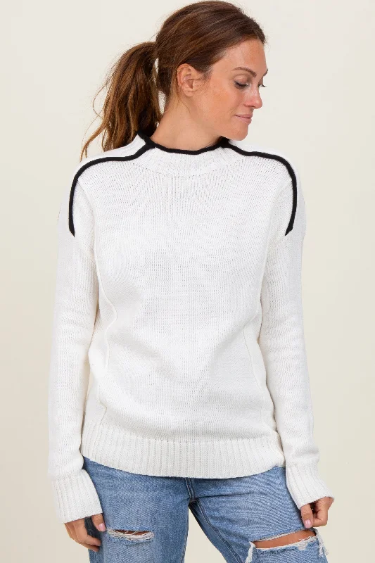 Easygoing Women's Style Ivory Mock Neck Contrast Piping Sweater