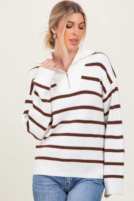 Women's Evening Clothing Brown Striped Knit Half Zip Sweater