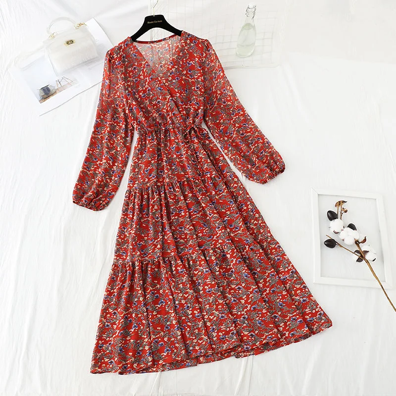 Online Clothing Stores V-neck lace up waist Floral Dress  4062