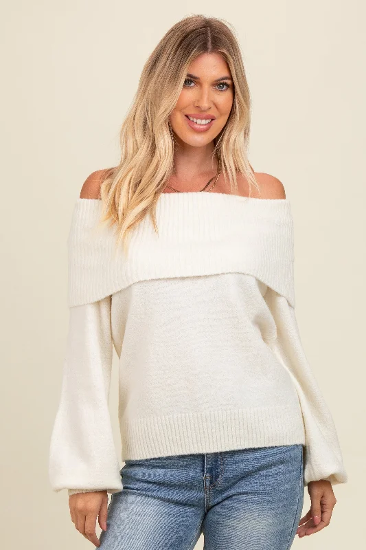 Fashionable Women's Outfit Ivory Off Shoulder Foldover Sweater