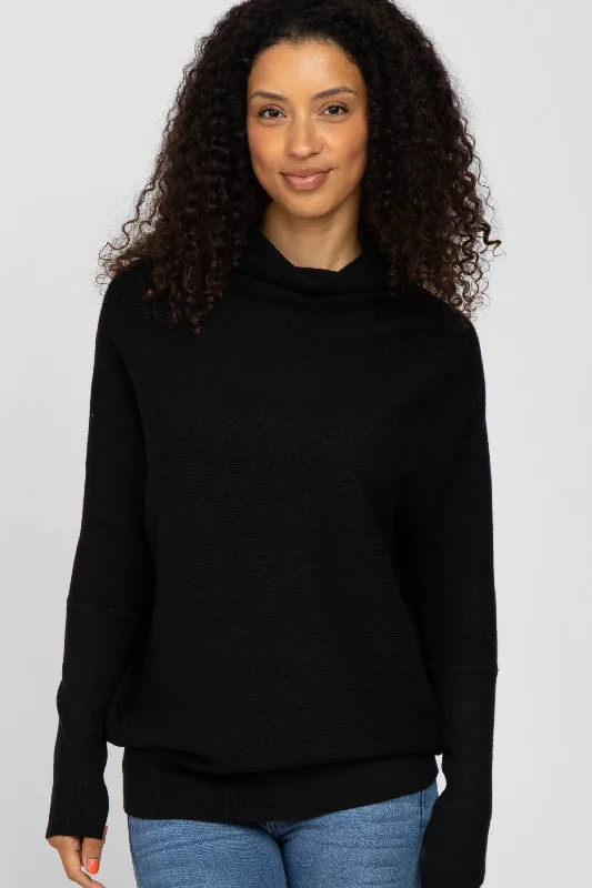 Women Clothes Black Funnel Neck Dolman Sleeve Sweater