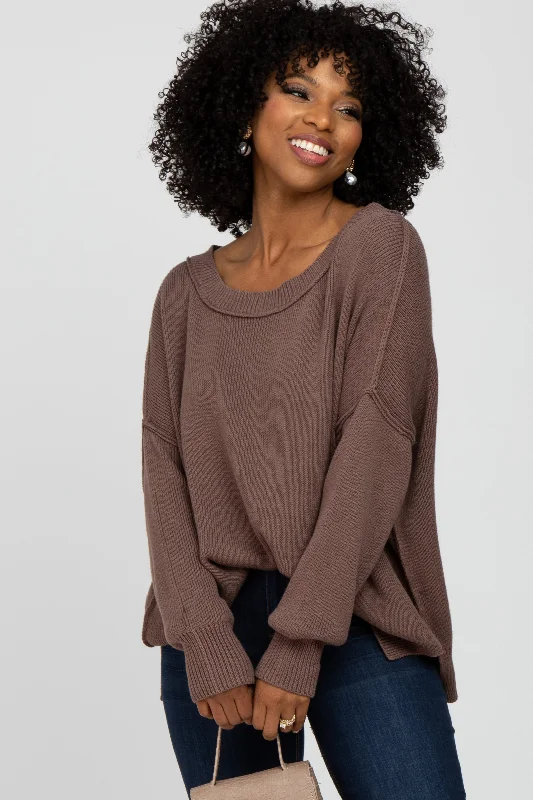 Winter Wardrobe Clearance Brown Exposed Seam Side Slit Sweater