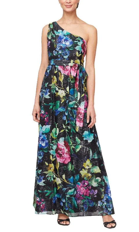 Women's Outfit For The Office SLNY 9171928 - Asymmetrical Neck Floral Dress