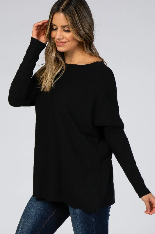 Elegant Women's Clothing Black Soft Knit Boatneck Dolman Sleeve Sweater