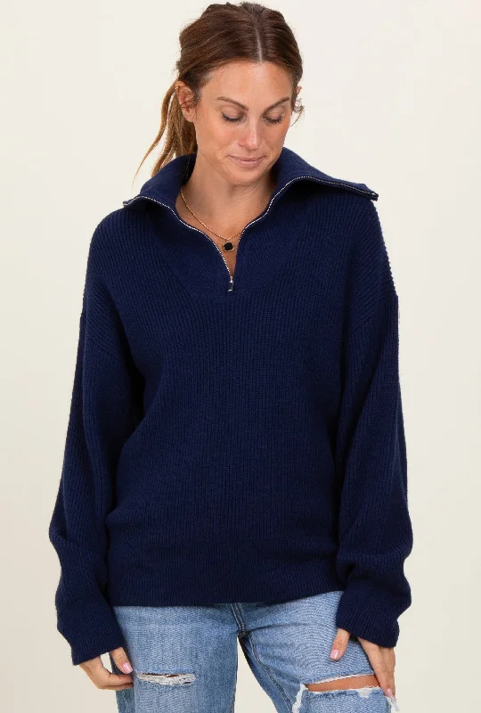 Sophisticated Women's Fashion Navy Half Zip Chunky Knit Pullover Sweater