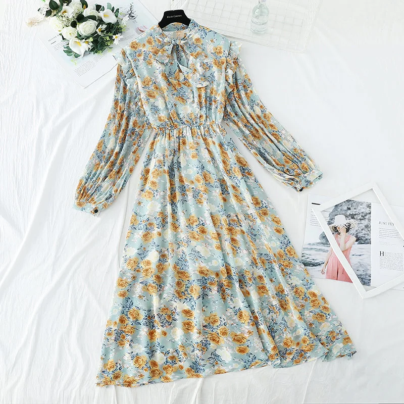 Comfortable Casual Wear The new female Floral Chiffon dress is slim at the waist  3907