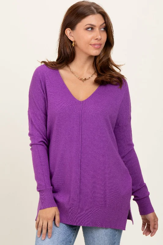 Effortless Chic for Women Violet Front Seam V-Neck Side Slit Sweater