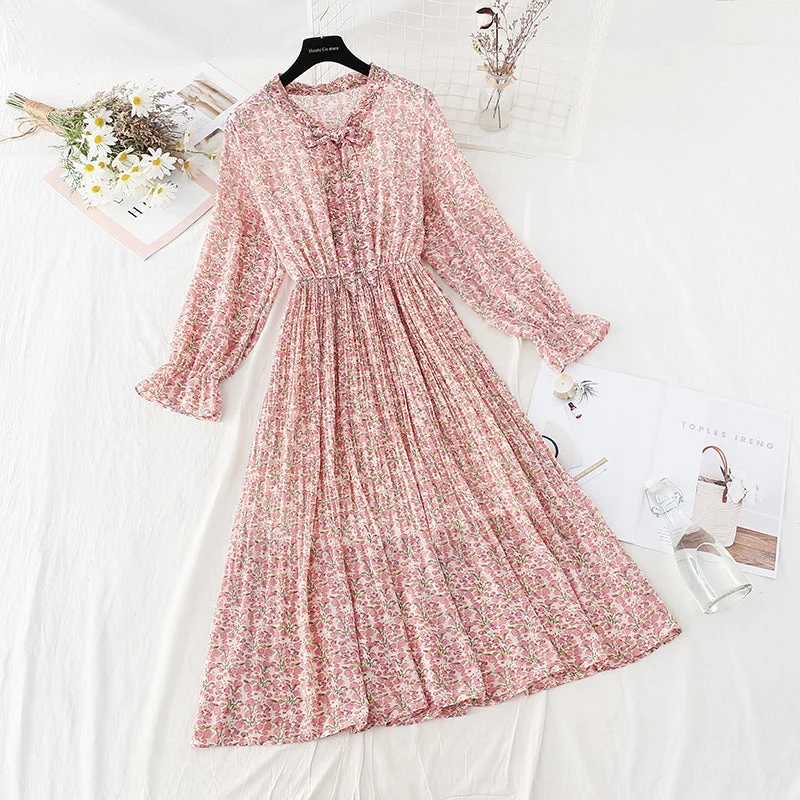 Women Wear Boutique Chiffon bow pleated skirt elastic waist temperament thin age reducing Floral Dress  4087