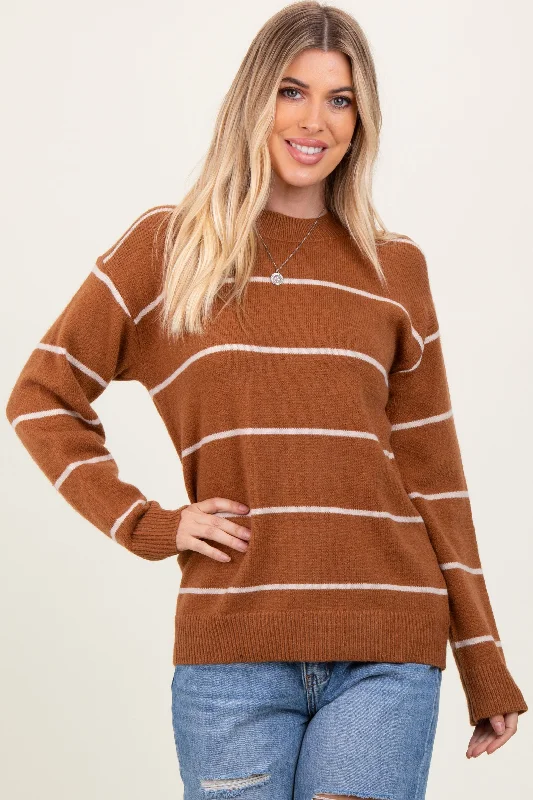 Affordable Fashion Clothing For Women Mocha Striped Mock Neck Sweater