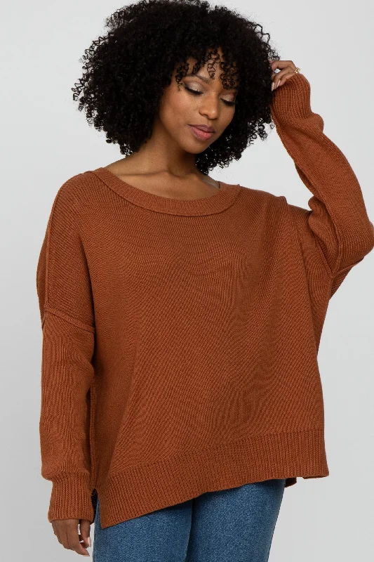 Flash Discount Camel Exposed Seam Side Slit Sweater