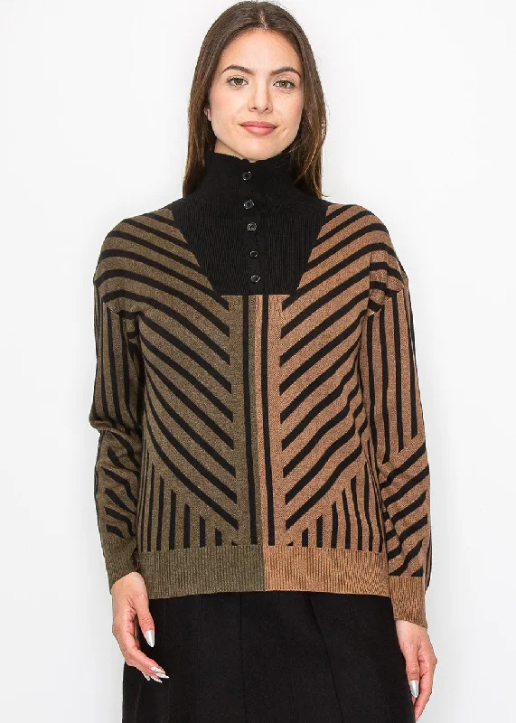 Trendy Women's Dresses Online Camel & Black Sweater with Artistic Stripes