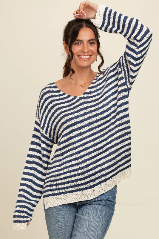 Women's Evening Outfit Navy Striped Relaxed Fit V-Neck Sweater