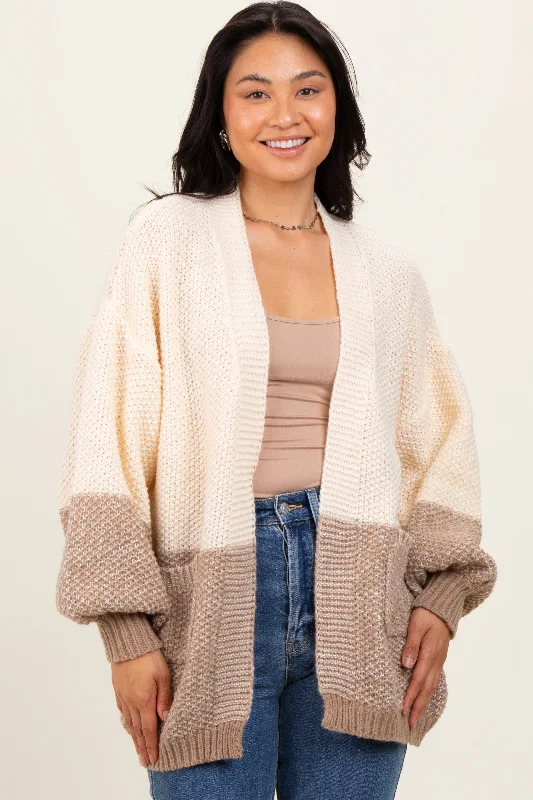 Casual Chic for Women Cream Colorblock Bubble Sleeve Knit Cardigan