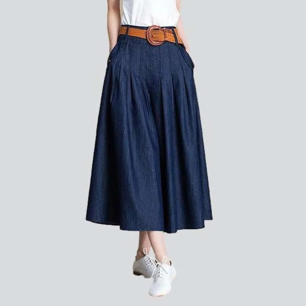 Feminine Dresses for Women in Bold Prints Navy flare long denim skirt