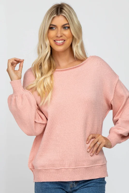 Online Clothing Boutiques Light Pink Boat Neck Bubble Sleeve Sweater