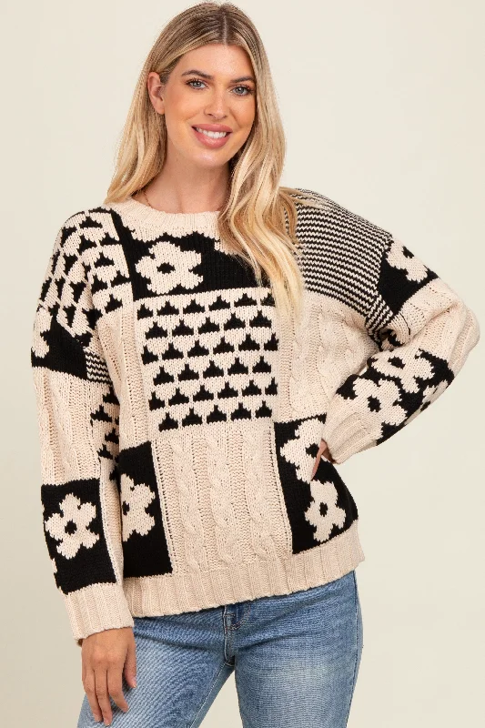 Casual Style for Busy Women Beige Floral Mixed Print Cable Knit Sweater