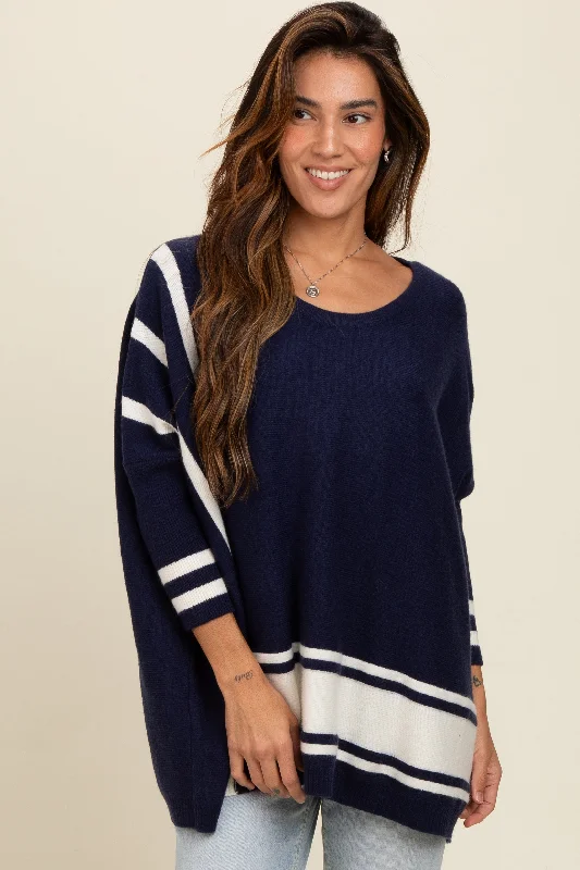 Women's Casual Attire Navy Mixed Stripe Dolman Sleeve Sweater