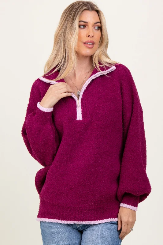 Timeless Women's Clothing Magenta Soft Fuzzy Knit Quarter Zip Pullover Sweater