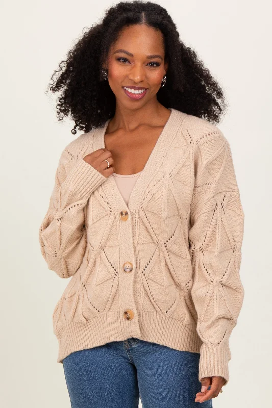 Women's Clothes Online Shopping Beige Diamond Knit Button Up Sweater Cardigan