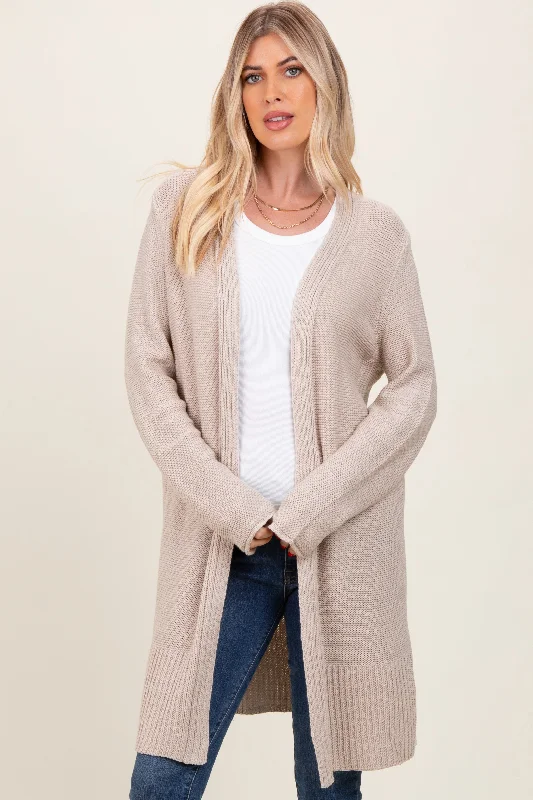 Women's Athletic Outfit Beige Contrast Rib Long Open Cardigan