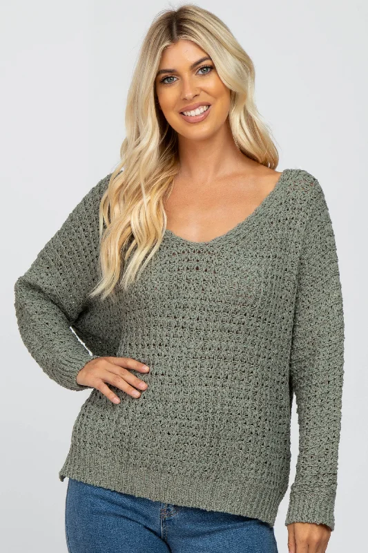 Sales Clothes Olive V-Neck Side Slit Thick Knit Sweater