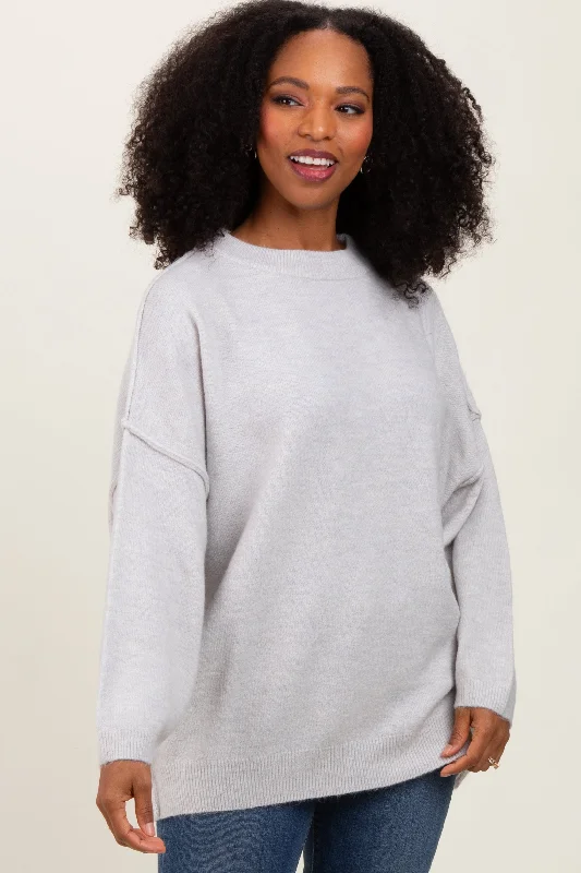 Plus Size Women Wear Light Grey Oversized Crewneck Melange Knit Sweater